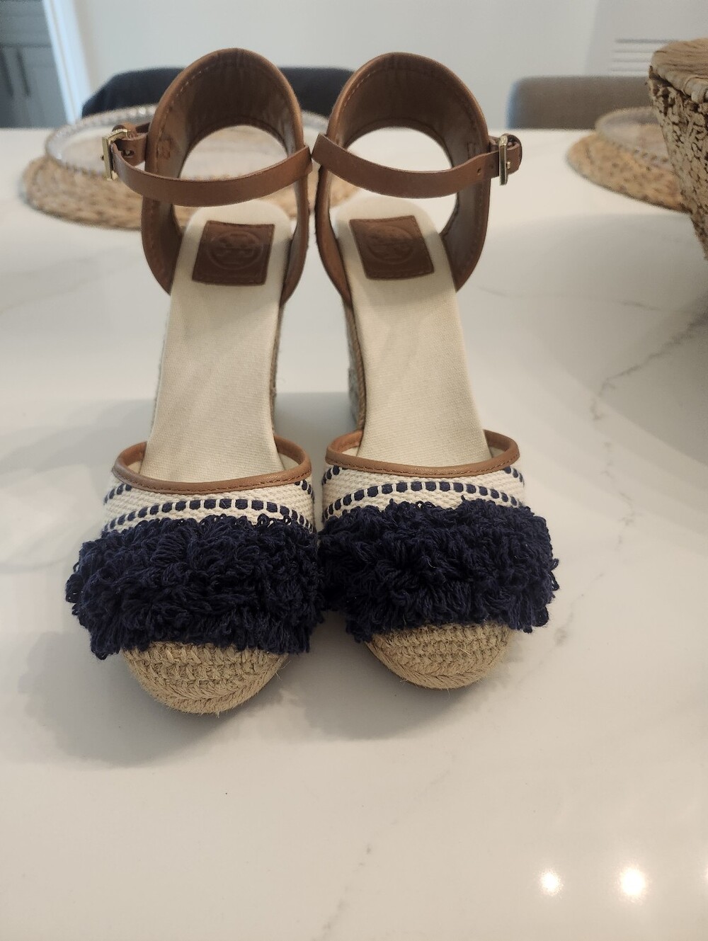 Tory Burch Shaw Espadrille Wedge Sandals In Navy Sea & Royal Tan Sz 8 - Picture 4 of 13